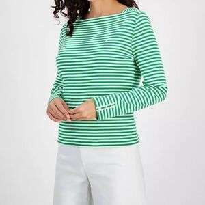 Nautica Striped Boat Neck Green and White SZ L